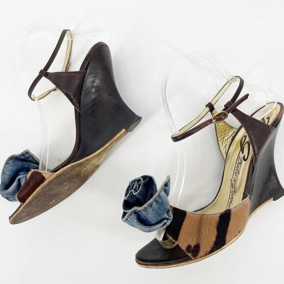 Dolce & Gabbana Vintage y2k Leopard Calf Hair Denim Flower Wedge Sandal IT 38.5 - Picture 7 of 12
